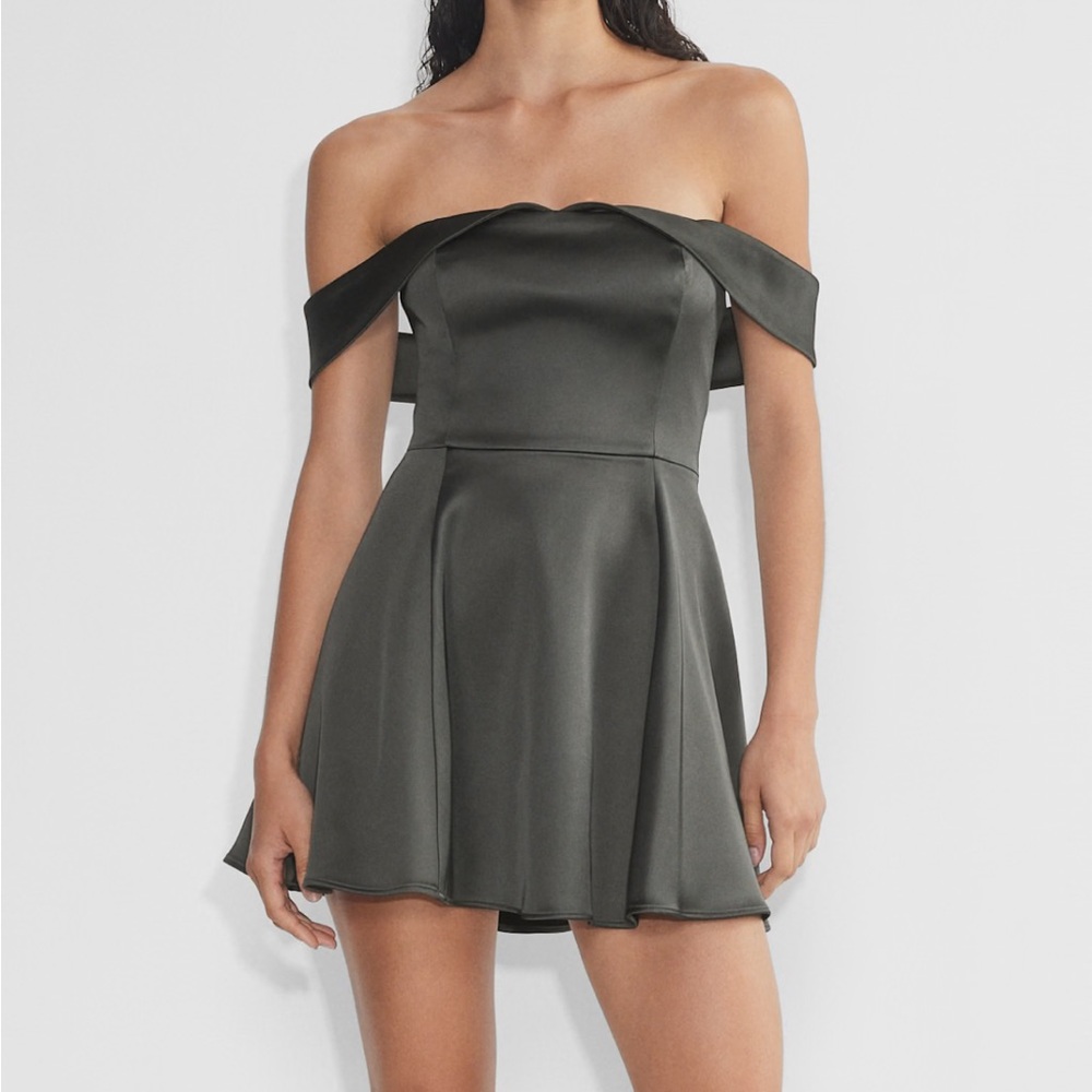 Aritzia Off-Shoulder Satin Mini Dress in Dark Gray
